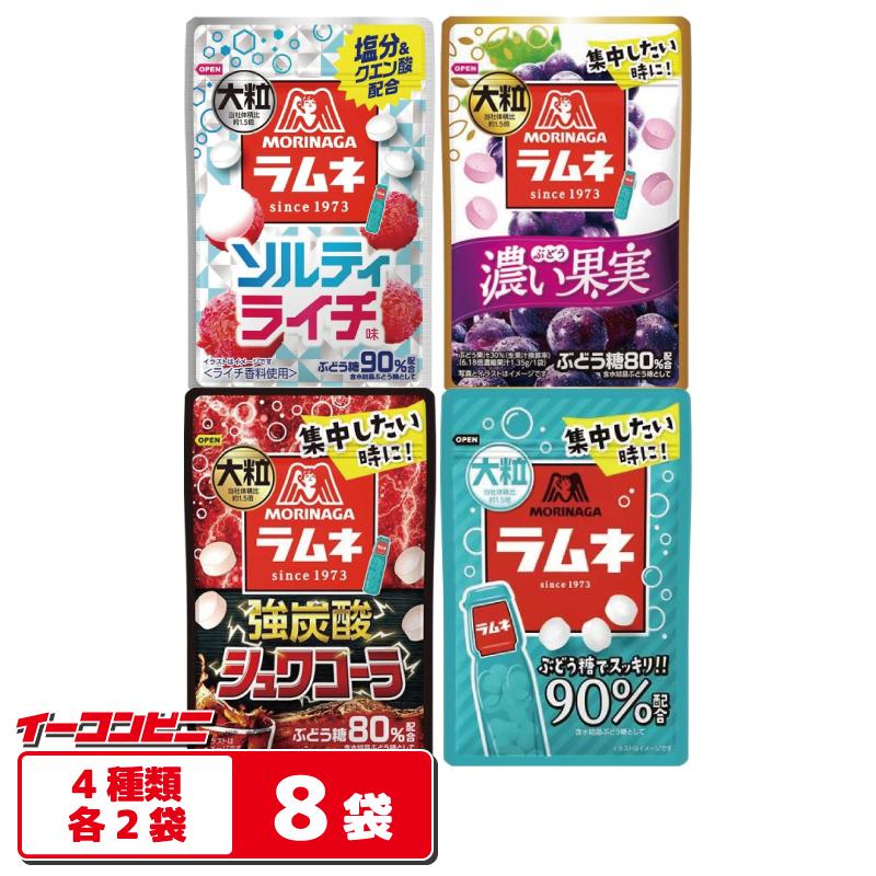 森永製菓 大粒ラムネ 4種各2袋セット（計8袋） 【大粒ラムネ／強炭酸シュワコーラ／濃い果実ぶどう／ソルティライチ】 メール便 ゆうパケット3