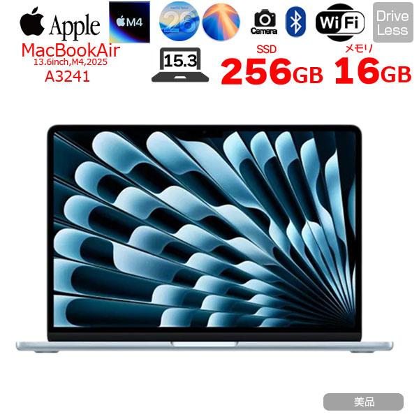 【今だけTYPE-Cハブ】Apple MacBook Air 15.3inch MC7A4J/A A3241 2025 TouchID [Apple M4 10コア 16GB SSD256GB 無線 BT カメラ 15.3型 Sky Blue ] ：美品