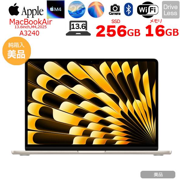 【中古パソコン】Apple MacBook Air 13.6inch MW0Y3J/A A3240 2025 TouchID [Apple M4 10コア 16GB SSD256GB 無線 BT カメラ 13.6型 Starlight 純箱 ] ：美品