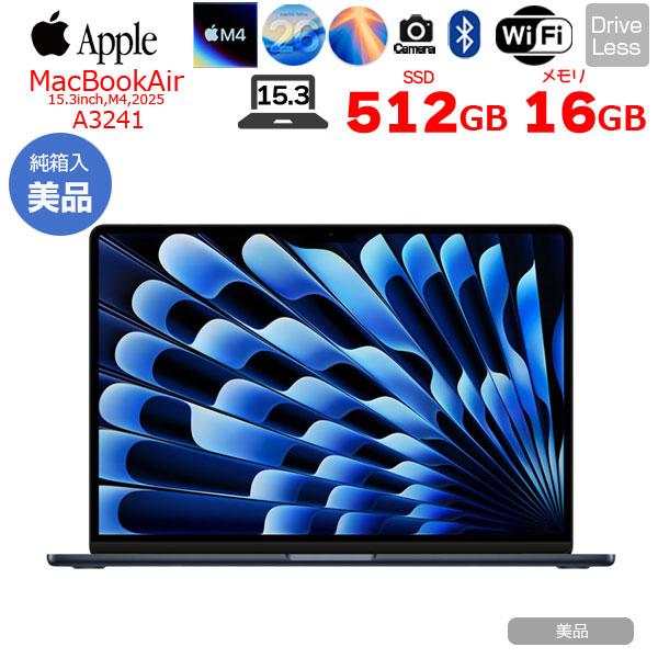 【中古パソコン】Apple MacBook Air 15.3inch MW1M3J/A A3241 2025 TouchID [Apple M4 10コア メモリ16GB SSD512GB 無線 BT 15.3型 Midnight 純箱 ] ：美品